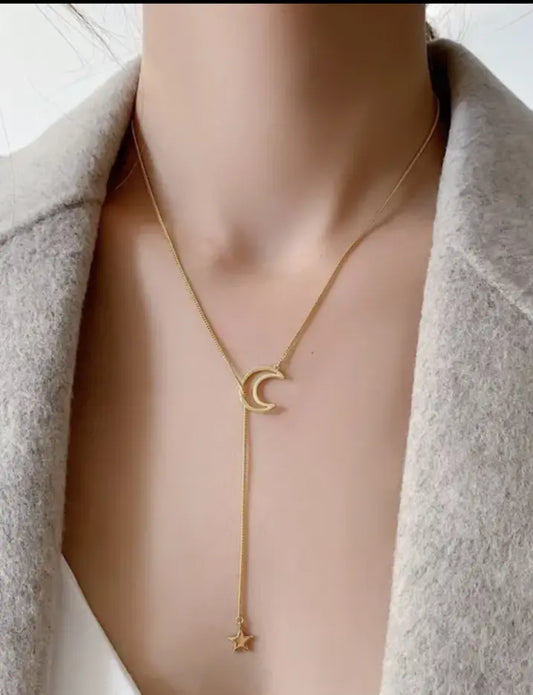 Gold Moon & Star Lariat Necklace | Dainty Celestial Jewelry Perimade