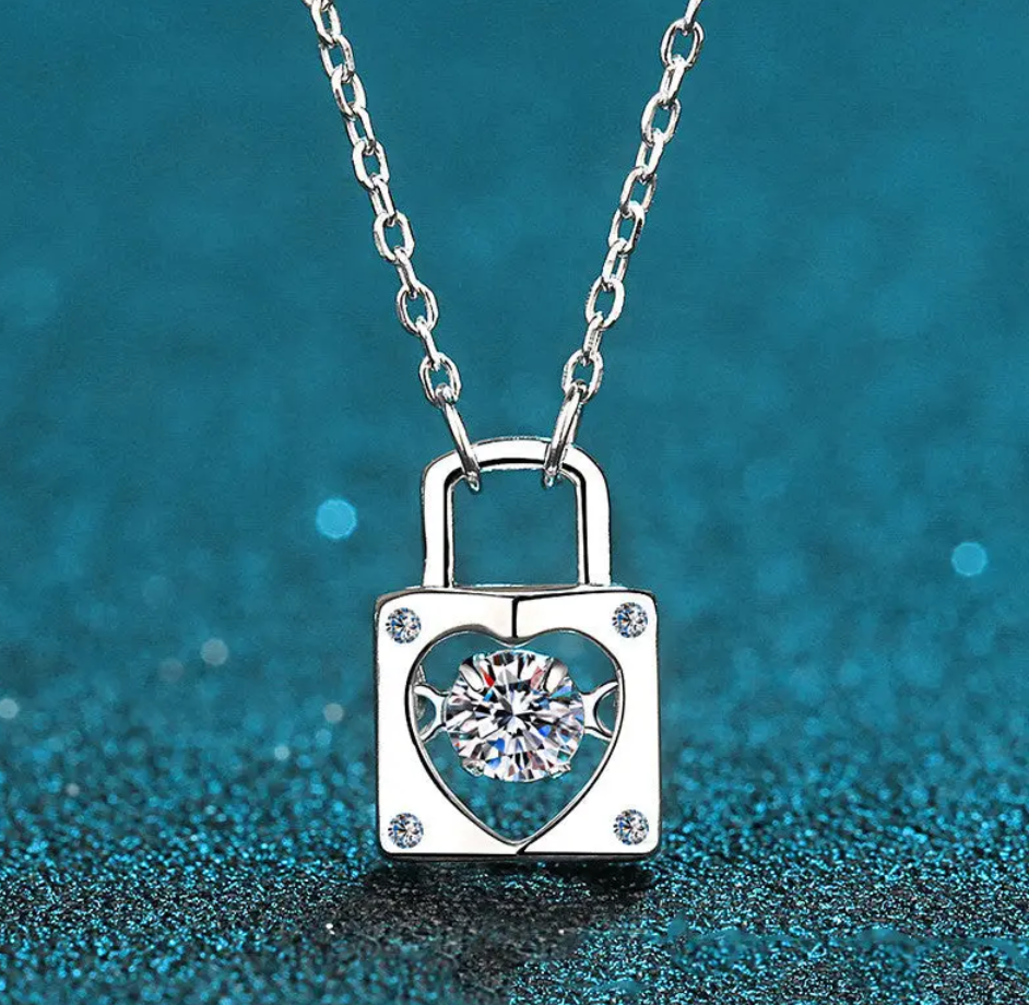Moissanite Heart Lock Charm Necklace in 925 Sterling Silver. Half Karat Faire
