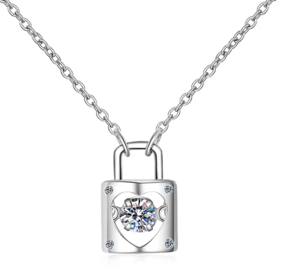 Moissanite Heart Lock Charm Necklace in 925 Sterling Silver. Half Karat Faire