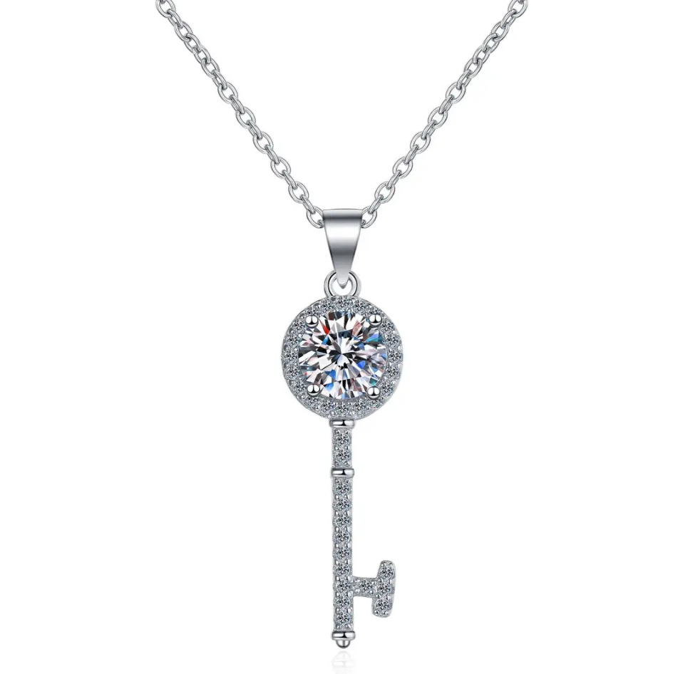 Moissanite Key Pendant Necklace in 925 Sterling Silver: 1.0 ct Faire