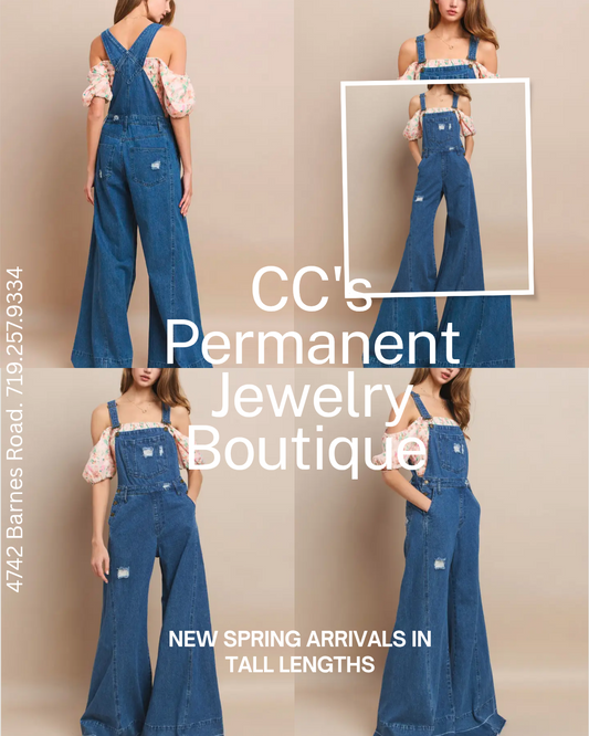 WIDE LEG DISTRESSED DENIM OVERALLS Cc's Permanent Jewelry Supply